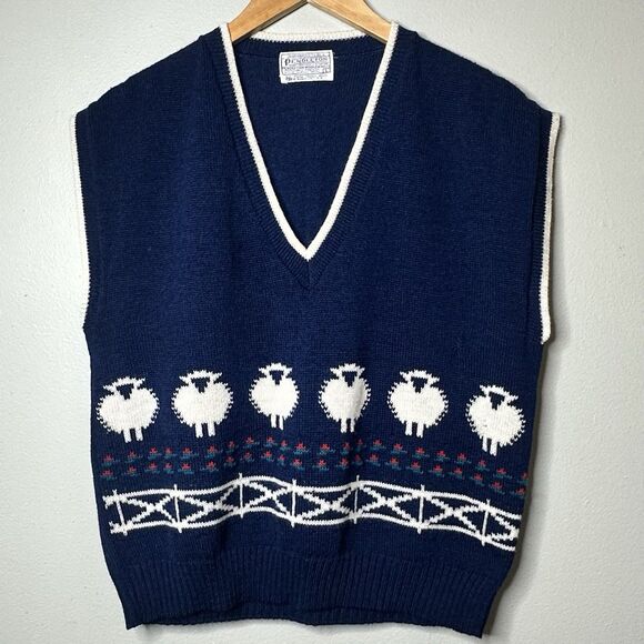Pendleton Sweaters - VTG 80s Pendleton Wool Sweater Vest Size L Navy Lamb Print Cottagecore Whimsical